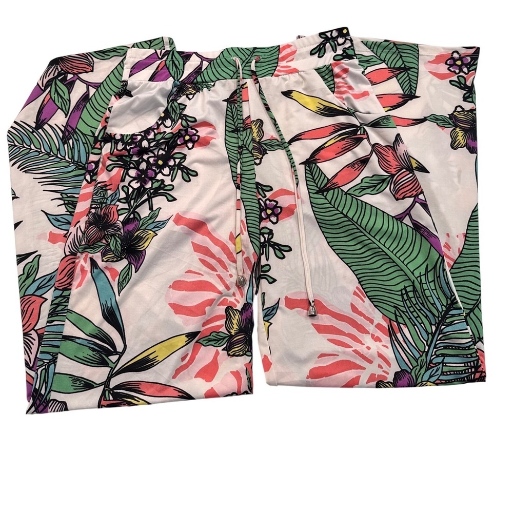 Beach Break Tropical Floral Wide Leg Pants Pink Green‎ Palm Print Drawstring